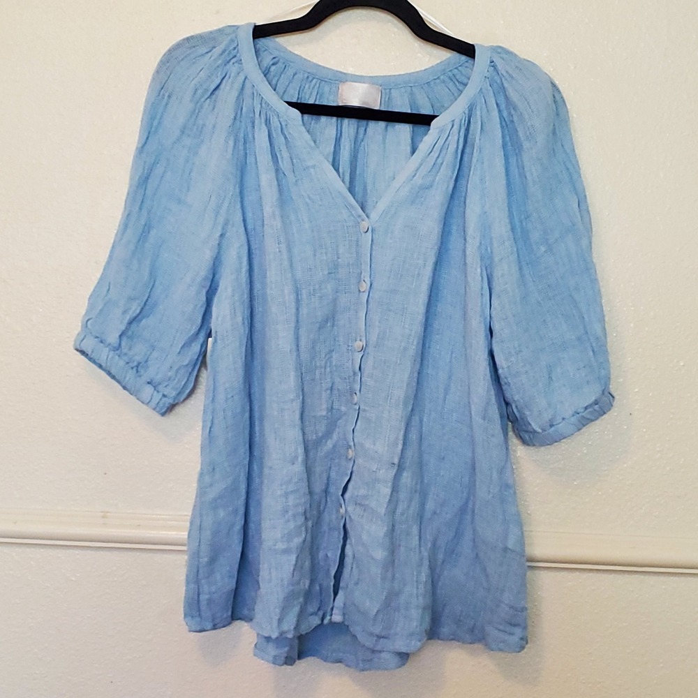 Heroes & Dreamers Womens XL Light Blue Gauze Button Front Peasant Blouse Top